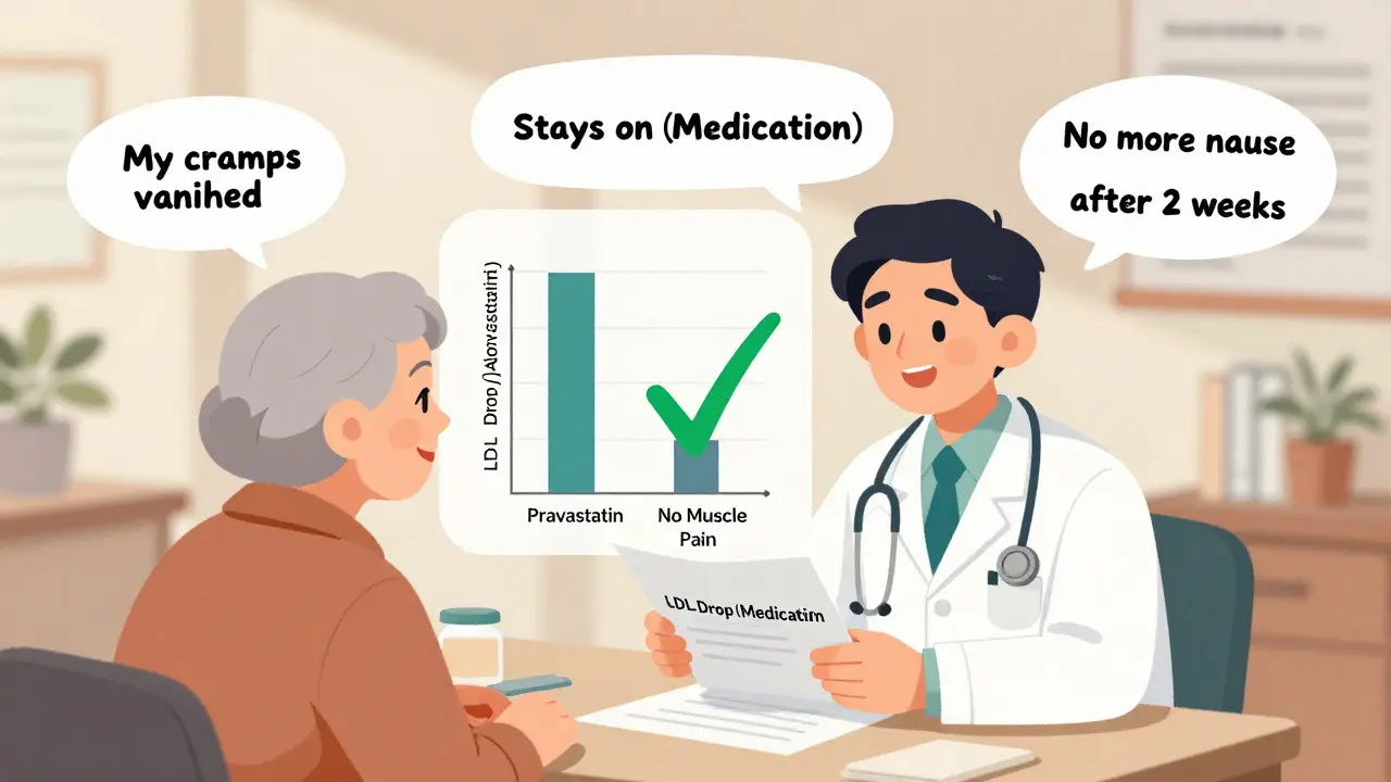 Doctor and patient reviewing cholesterol chart with positive outcomes, floating patient testimonials.
