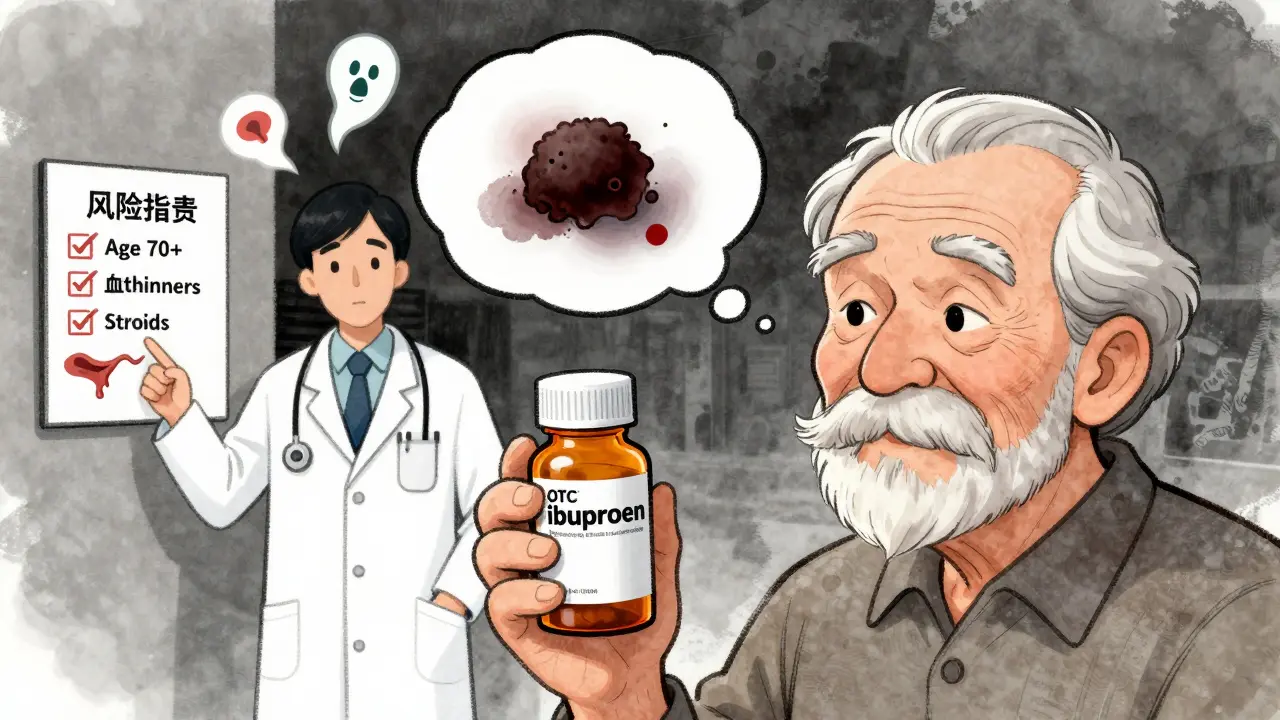 Elderly person with OTC painkiller bottle, thought bubble showing signs of internal bleeding and risk factors.