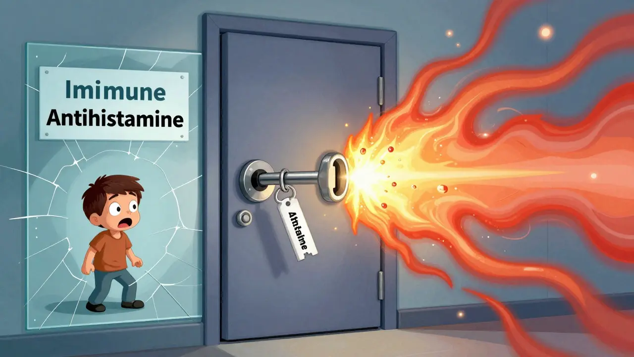 Human H1 receptor lock being twisted into active mode by an antihistamine key, releasing histamine particles.