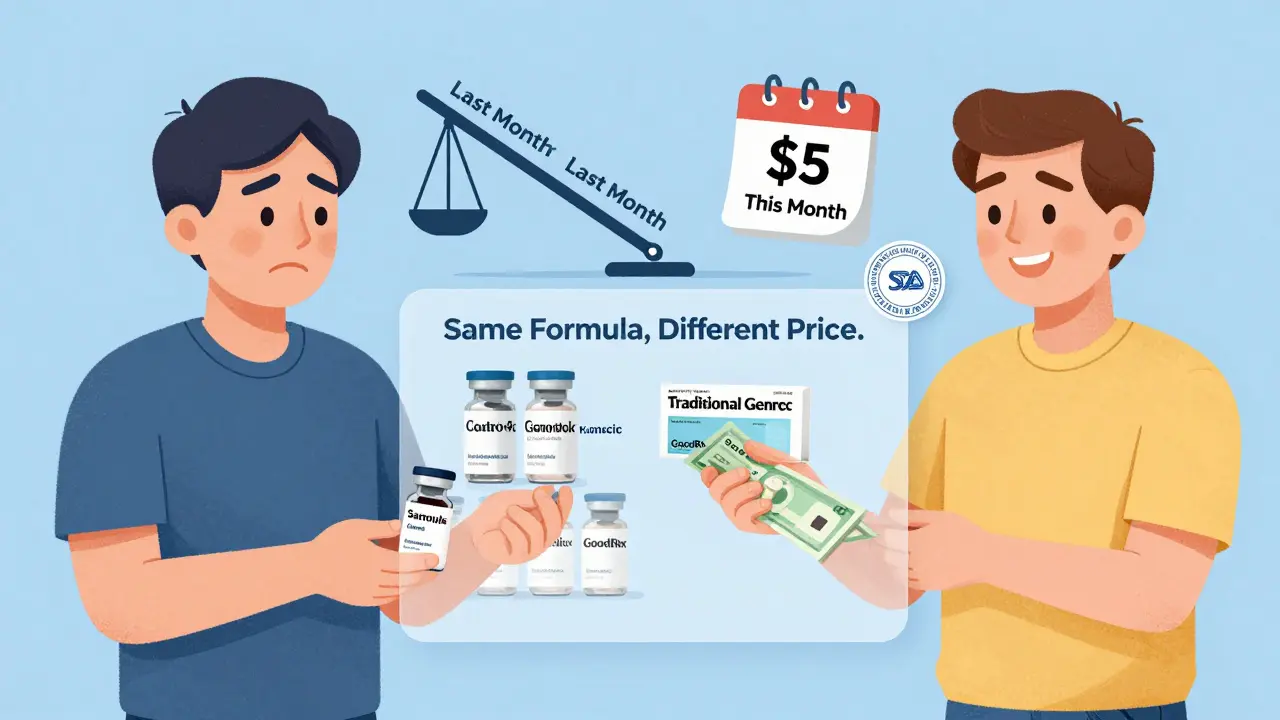 Man comparing high insurance copay versus low cash price for identical generic insulin pills.