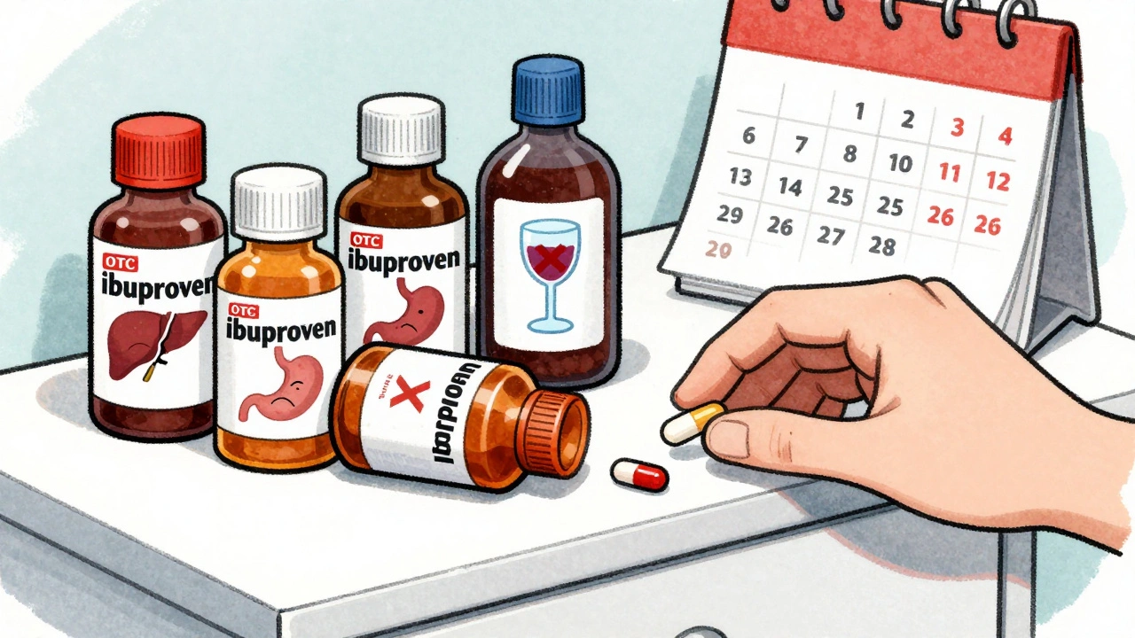 Medicine cabinet with OTC pills and hidden dangers like liver and stomach symbols.