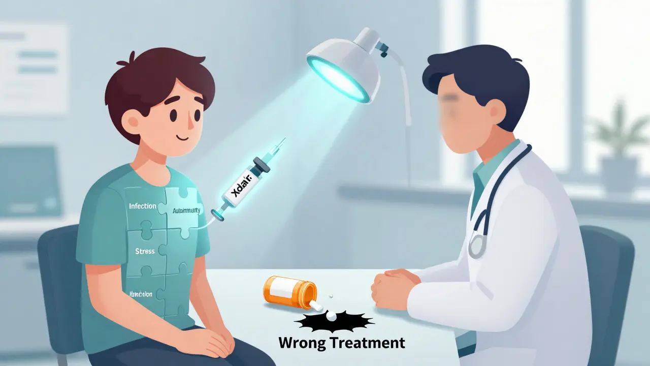 Patient's body as a puzzle with missing health triggers, while alternative treatments shine beside discarded pills.