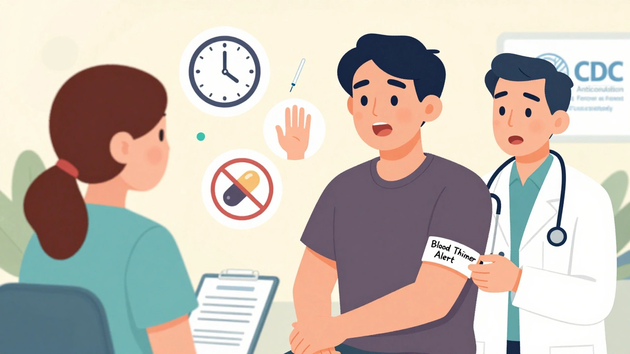 Patient with &#039;Blood Thinner Alert&#039; wristband advocating for safe vaccination technique.