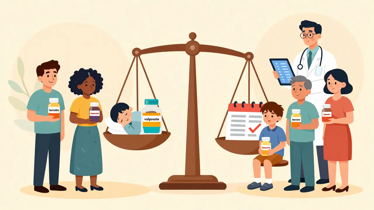 Patients with epilepsy medications balanced against symbols of quality of life, guided by AI-assisted diagnosis.