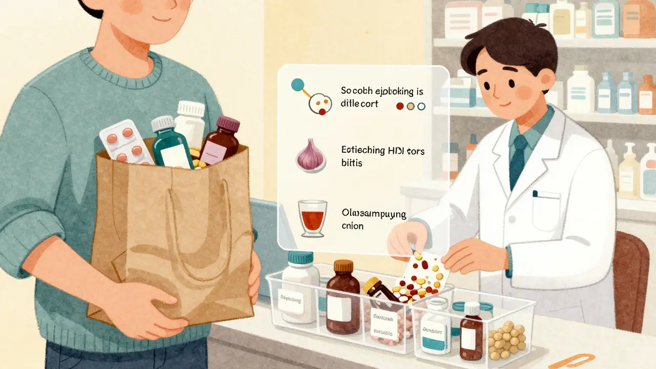 Person and pharmacist sorting medications from a brown bag, with hidden drug interactions visible as overlays.
