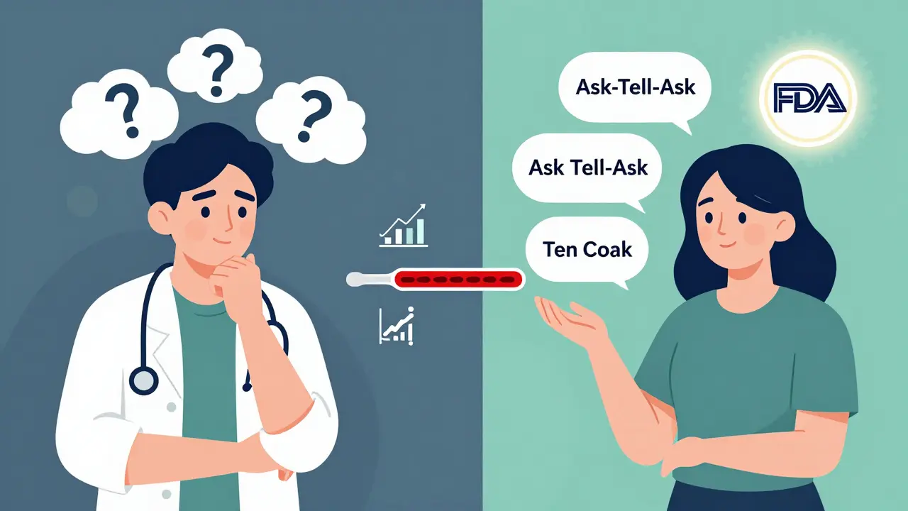 Person confidently asking their doctor about generics using the Ask-Tell-Ask method with FDA seal.