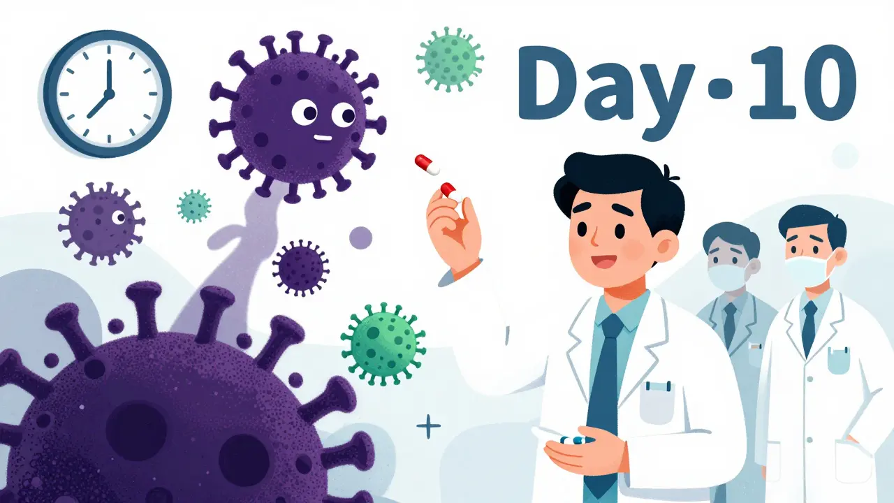 Person discarding antibiotics as dangerous superbugs rise, with clock showing day 10 remaining.