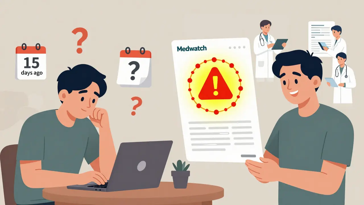 Person reporting a drug reaction online, with a transformation from doubt to safety alert visualization.