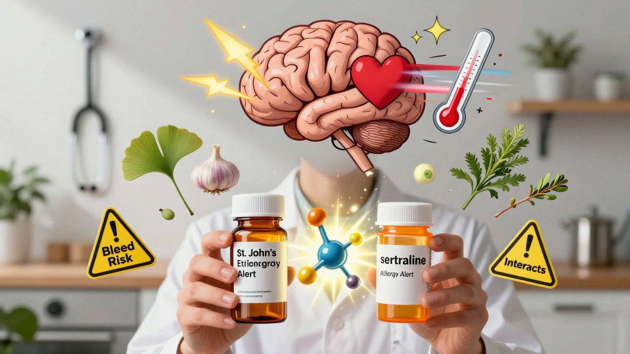 Person taking St. John’s Wort with serotonin molecule sparking dangerously.