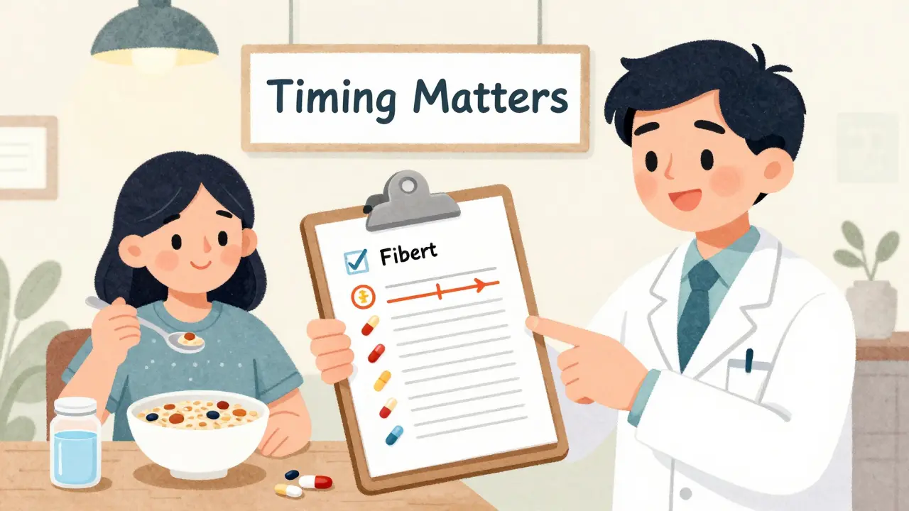 Pharmacist explaining safe fiber and medication timing to a patient with visual schedule chart.