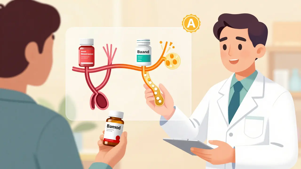 Pharmacist giving a generic pill bottle to a patient, with transparent bloodstream showing equal drug absorption.