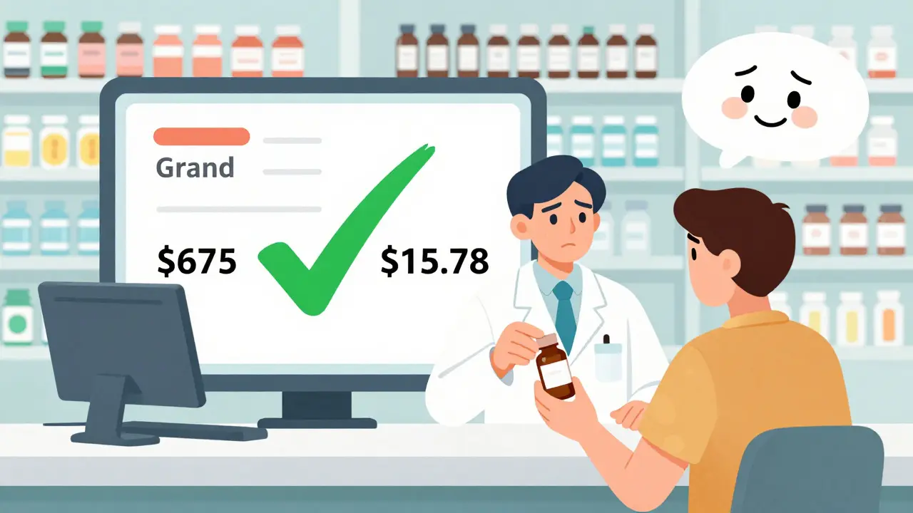 Pharmacist giving a generic prescription with a price comparison chart showing significant savings.