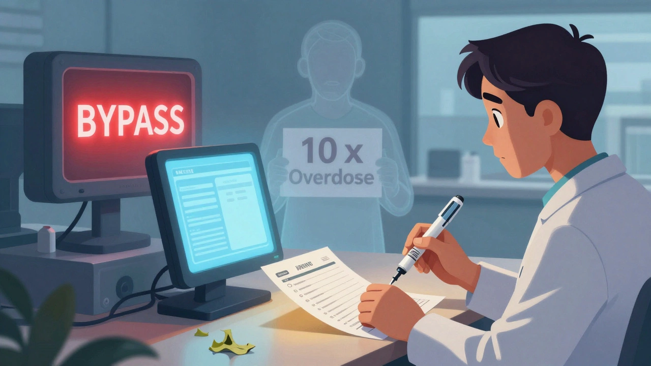 Pharmacy technician hesitates over smudged barcode, ghostly patient appears with warning sign, safety checklist in hand.