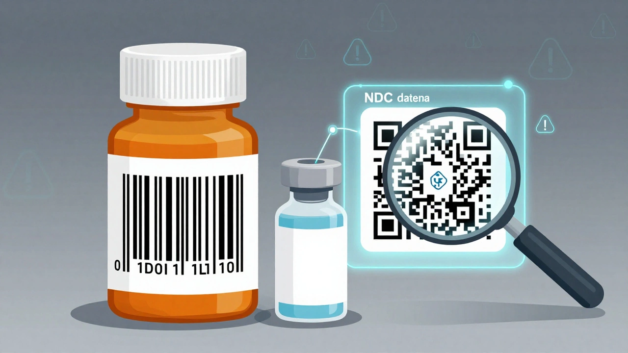 Side-by-side comparison of 1D and 2D barcodes on medicine packaging with digital data streams connecting to patient info.