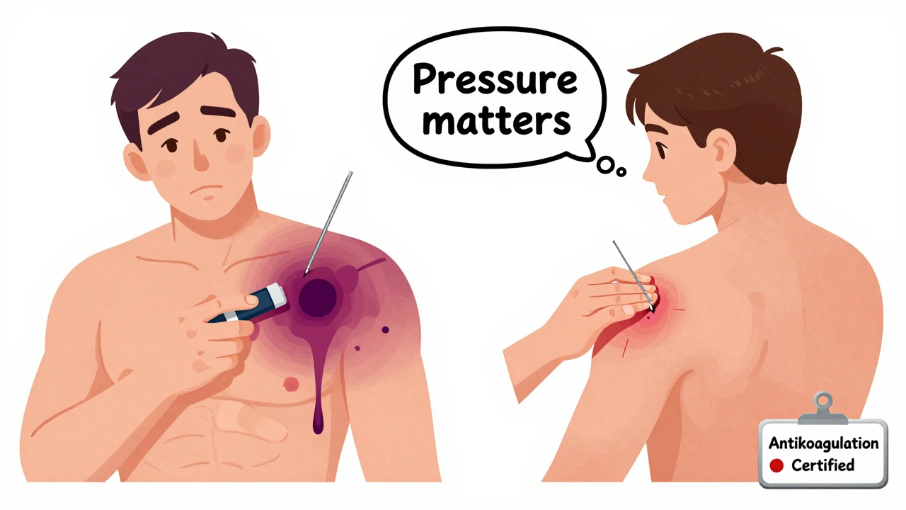 Side-by-side comparison: one arm bruised from poor technique, one clean from proper care.