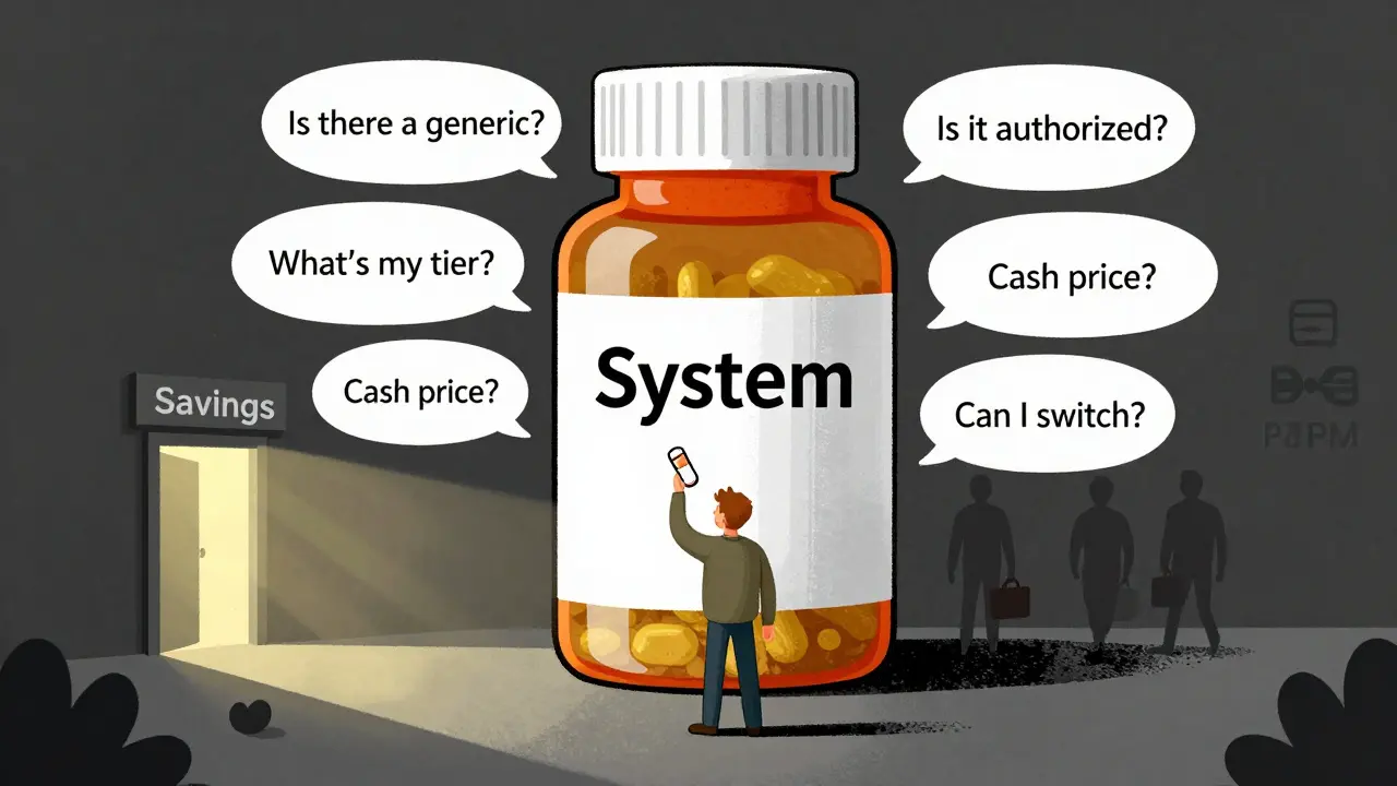 Small person confronting a giant 'System' pill bottle with five questions to save money on medication.