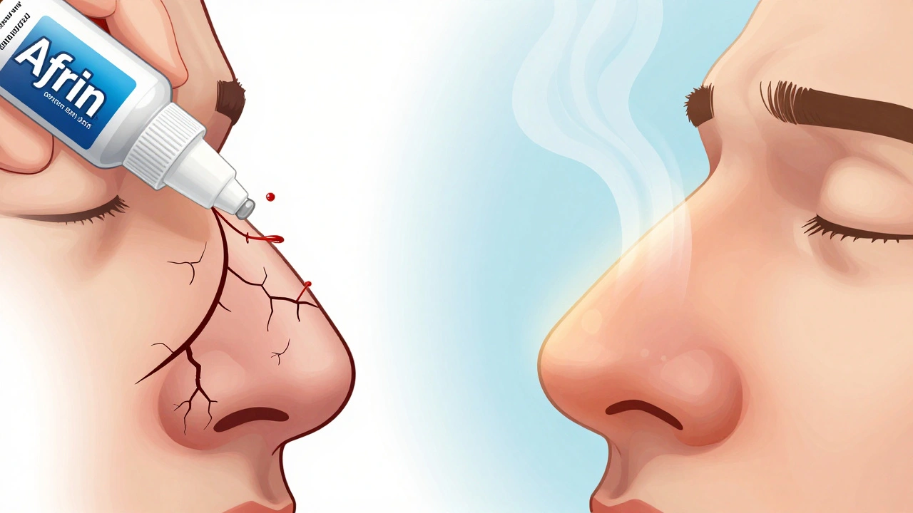 Split illustration of dry vs. moisturized nasal passages with medication effects shown visually.