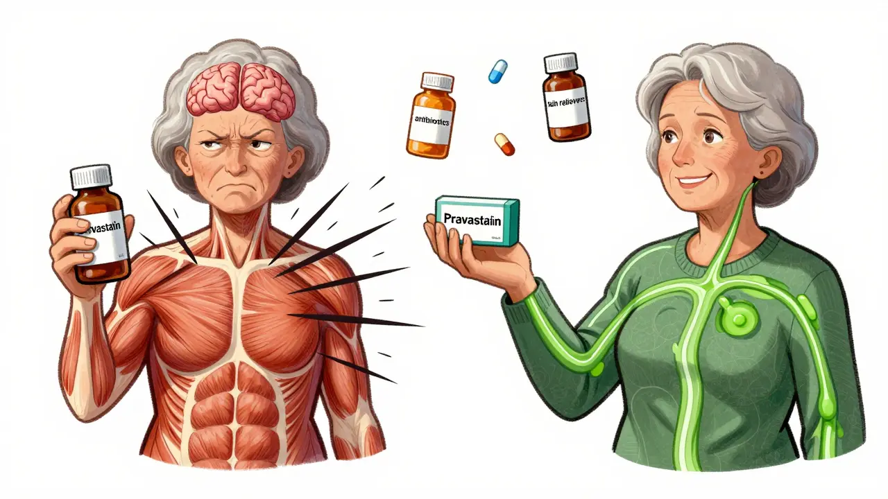 Split illustration: pravastatin safely passing through bloodstream vs. other statins causing muscle and brain issues.