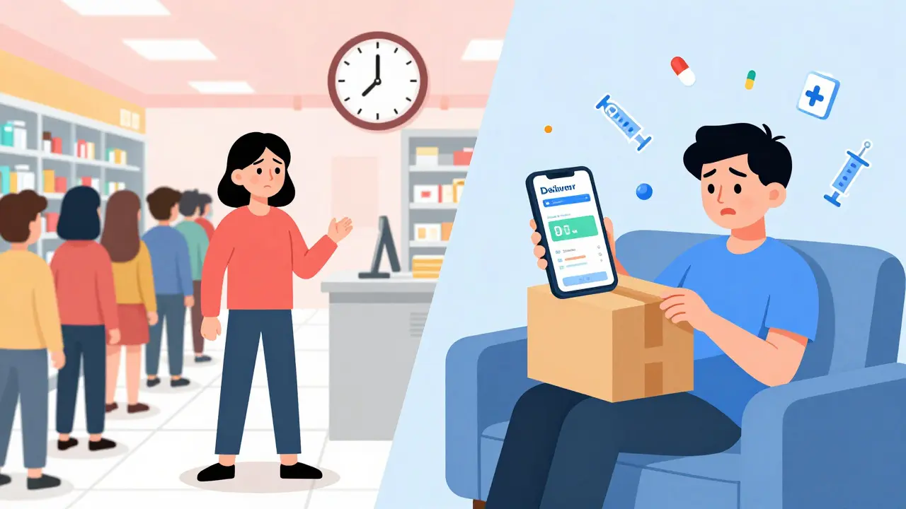 Split scene: frustrated person in crowded pharmacy vs. relaxed person receiving mail-order meds with GPS tracker on phone.