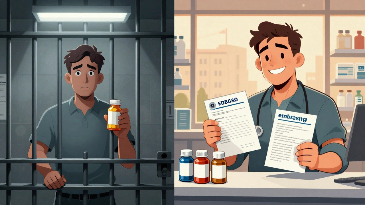 Split scene: man in jail without meds vs. man successfully getting meds abroad with proper documentation.
