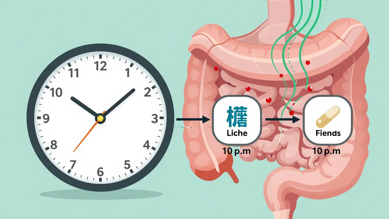 Timeline showing safe time gaps between fiber supplements and medications like thyroid pills and metformin.