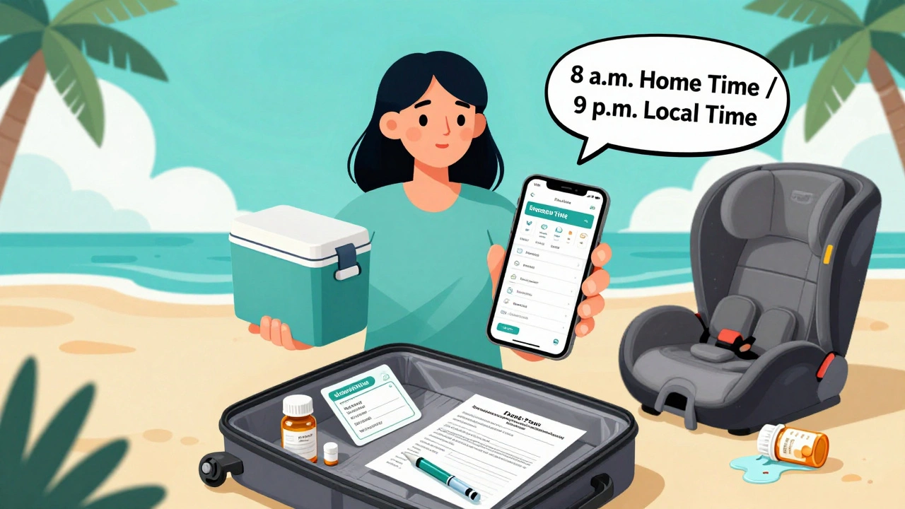 Woman in tropical country using phone app to track medication time, holding insulin cooler with labeled bottles visible.