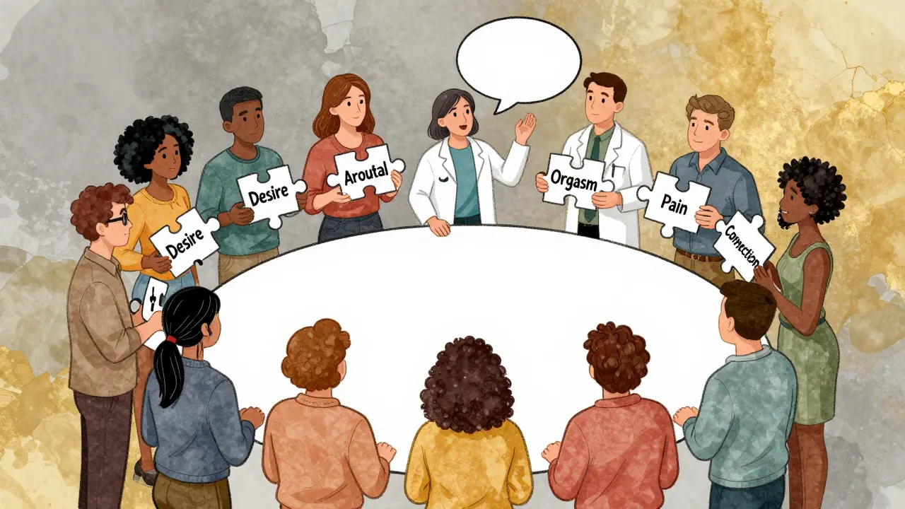 A diverse group holding puzzle pieces of sexual health, with a doctor offering the missing piece shaped like a conversation bubble.