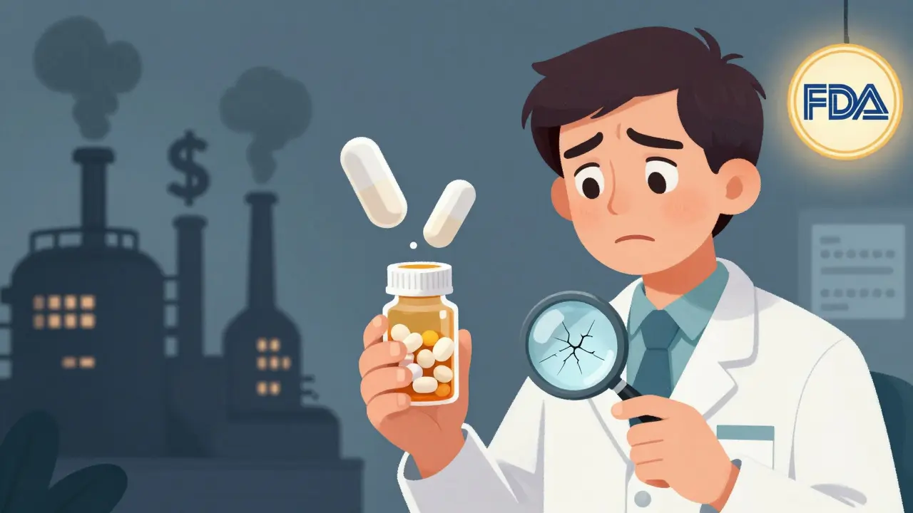 A patient holds a pill bottle as two pills float above—one intact, one crumbling—with a factory shaped like dollar signs in the background.