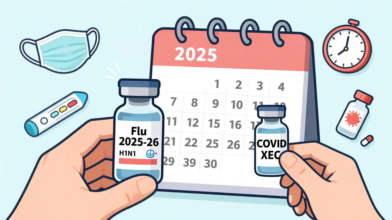 A person holding flu and COVID vaccines as a calendar turns to 2026, surrounded by health icons.