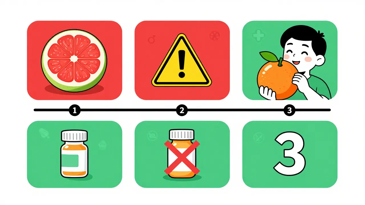 A three-day timeline showing pomelo danger and a safe sweet orange alternative with warning and safety icons.