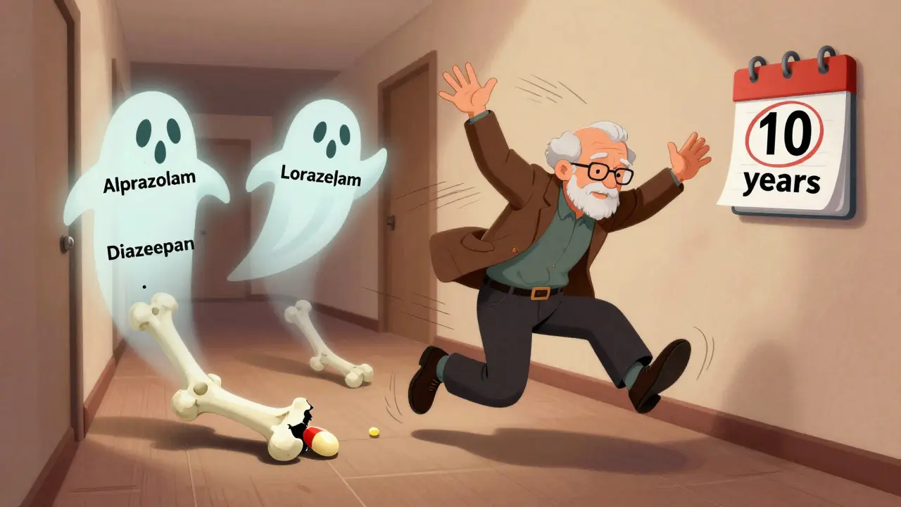 An elderly person falling in a hallway while ghostly pills cast shadows of broken bones.