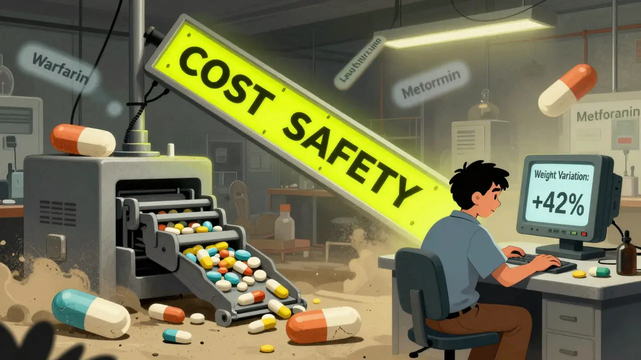 An outdated factory producing misshapen tablets, with a worker monitoring a warning screen about dosage errors.