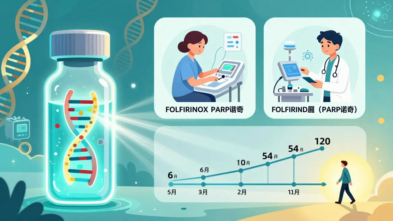 Blood test detecting cancer DNA with chemotherapy and targeted therapy symbols, showing extended survival.