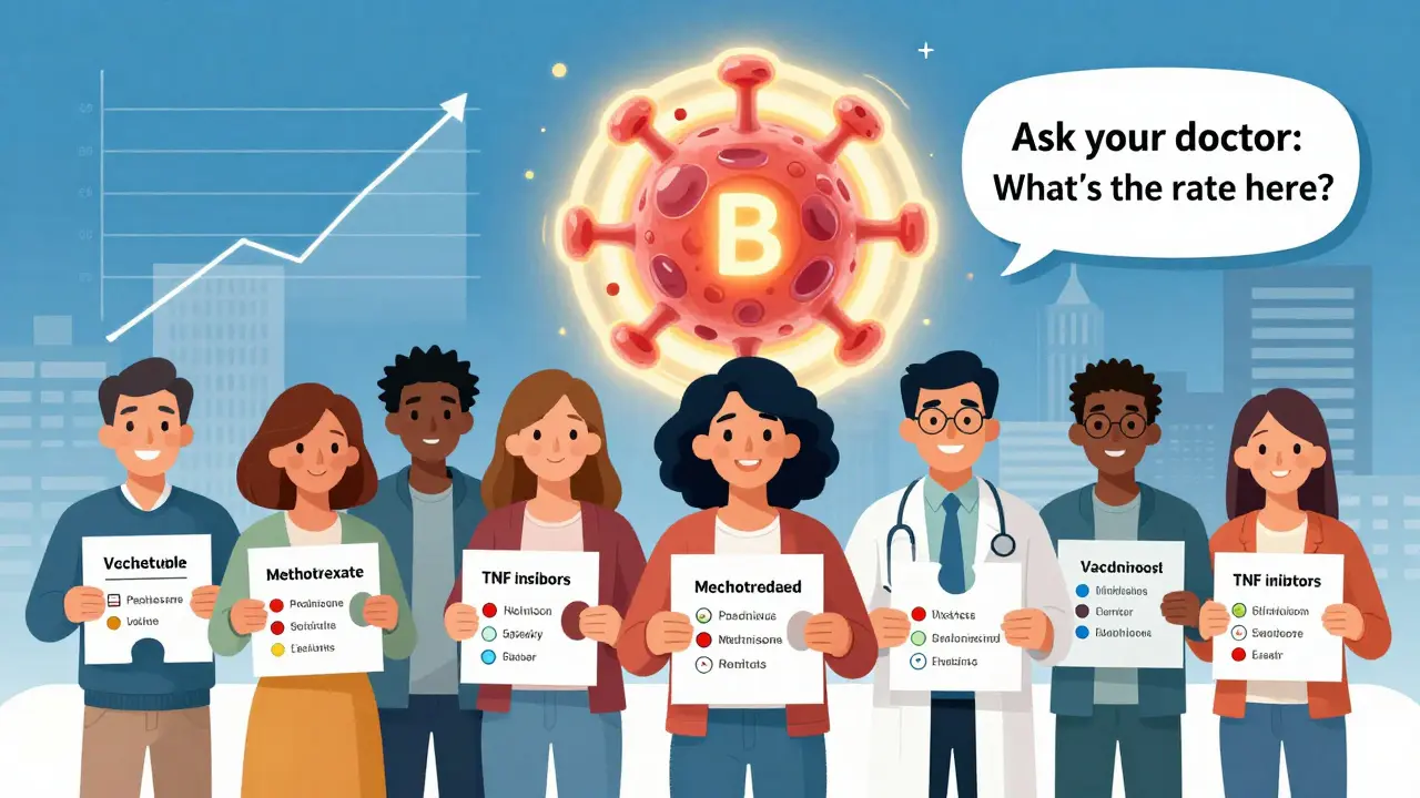 Diverse individuals holding personalized vaccine schedules with a rising B-cell counter and infection rate graph in background.