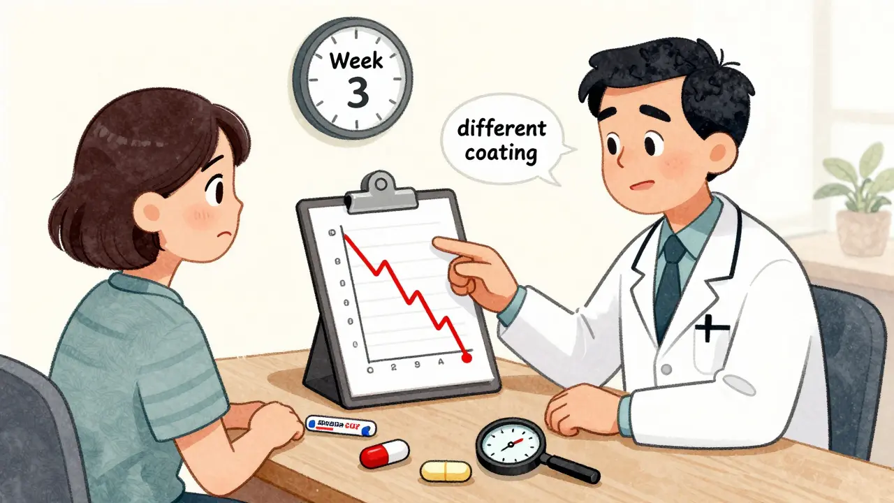 Doctor and patient reviewing a blood sugar graph during medication switch, with brand and generic pills on table and a ticking patent clock.