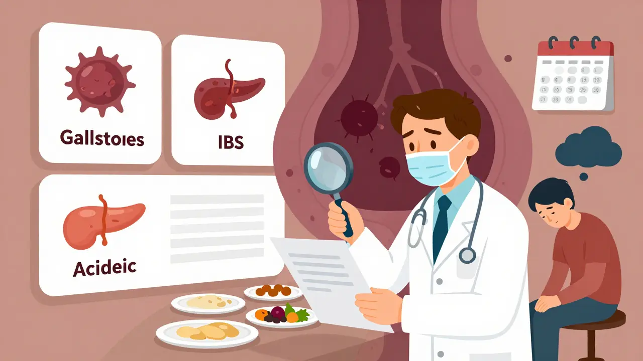 Doctor examining chart with misdiagnoses while a hidden tumor grows inside the pancreas.