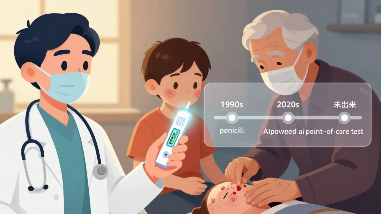 Doctor using rapid test showing MRSA, patients being treated, timeline of antibiotic evolution