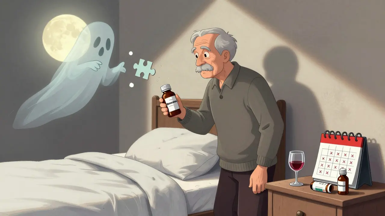 Elderly person swaying beside bed, holding sleep aid bottle, with fading memory as puzzle pieces.