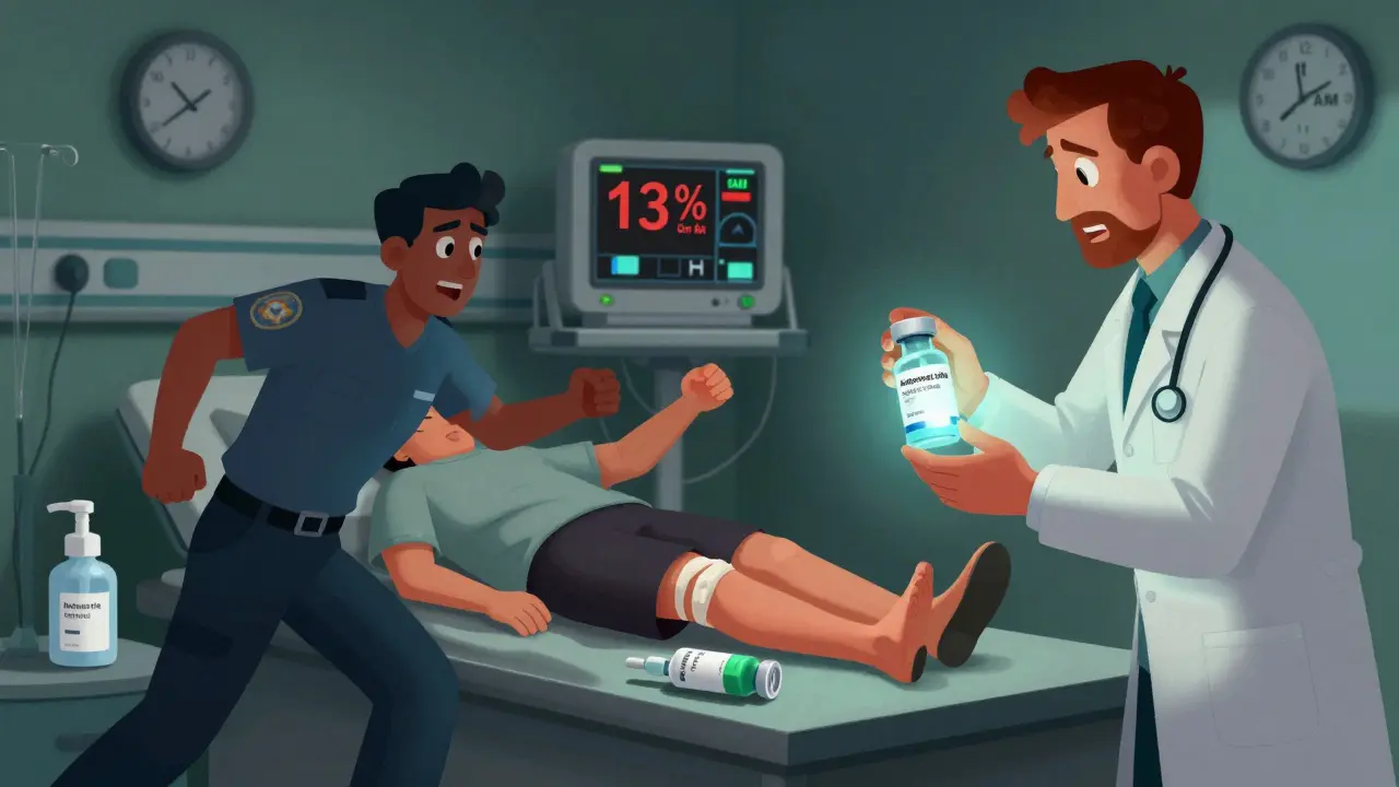 Emergency reversal of blood thinner with doctor administering antidote in hospital.