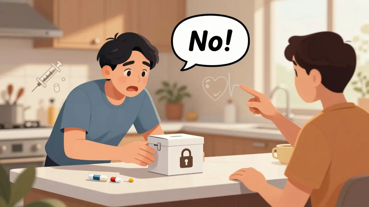 Family member reaching for locked opioid bottle while patient stops them with a firm 'No!'