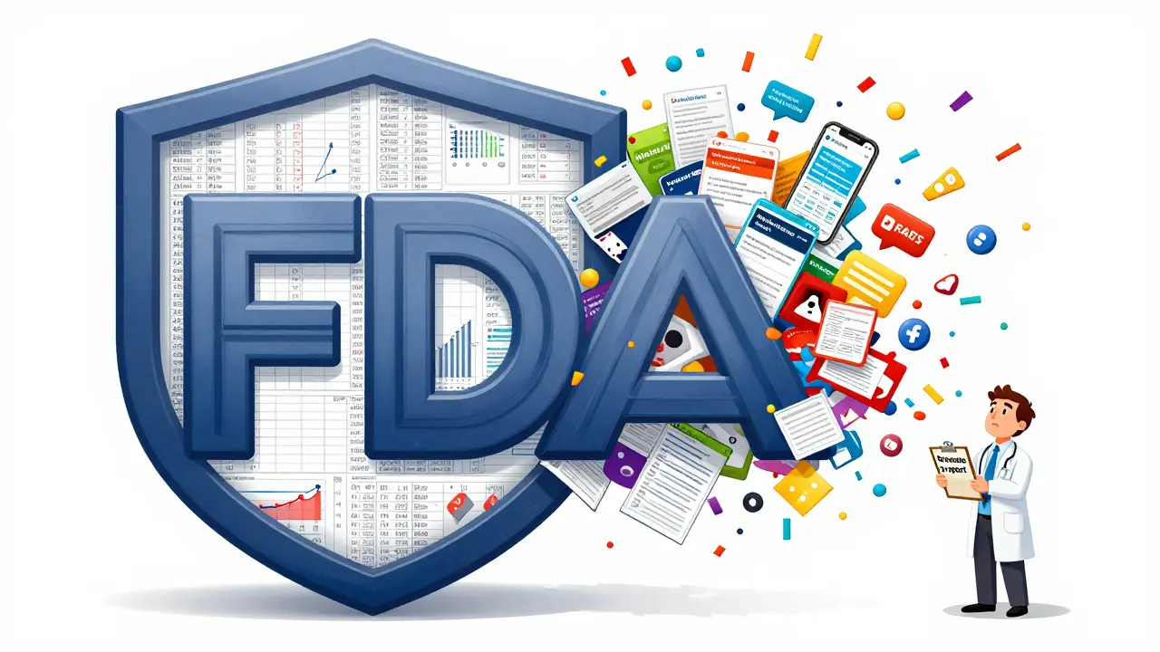 FDA shield with orderly trial data on one side and chaotic real-world reports bursting from the other.