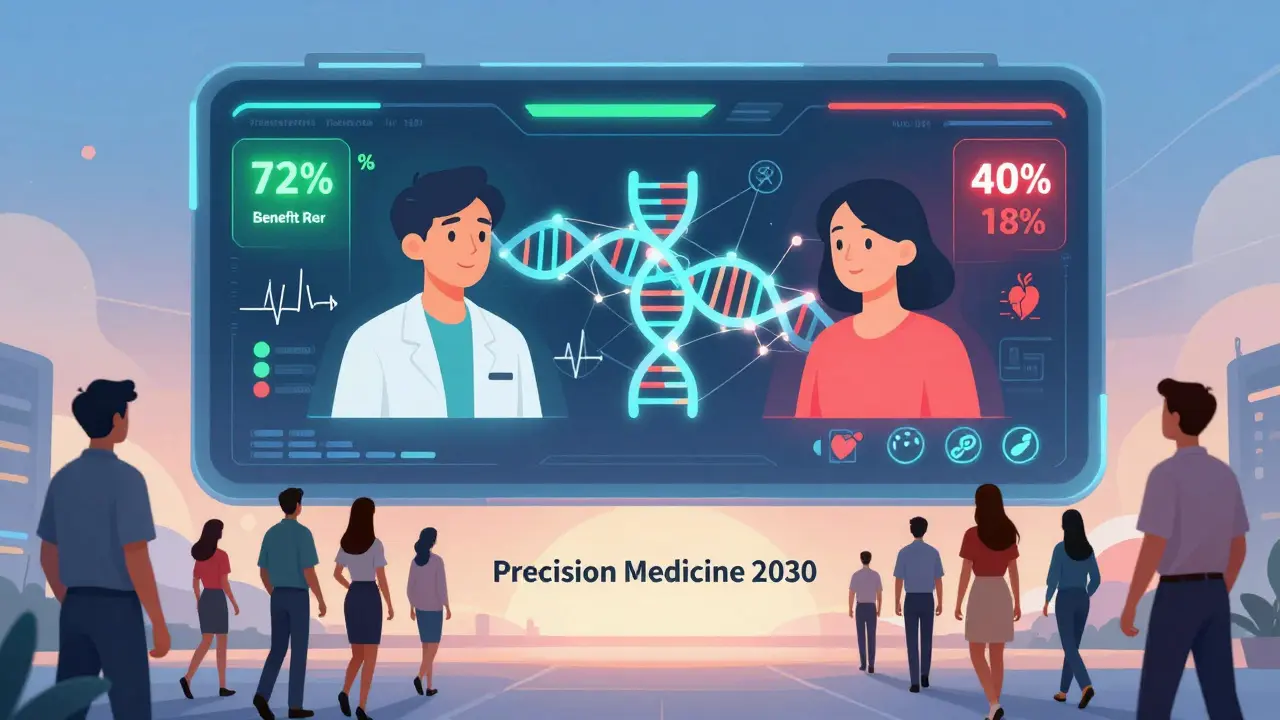 Futuristic medical dashboard showing personalized drug risk data for two patients.