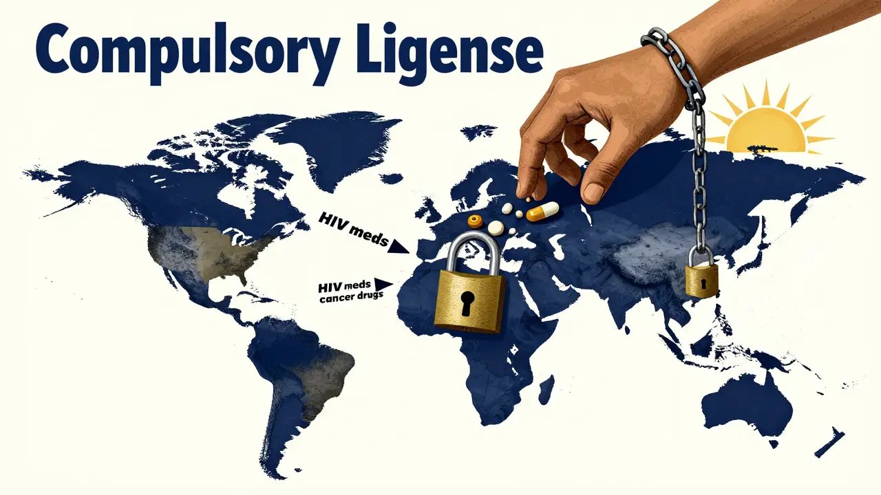 Global map with drug arrows and a hand breaking chains to release affordable medicines.