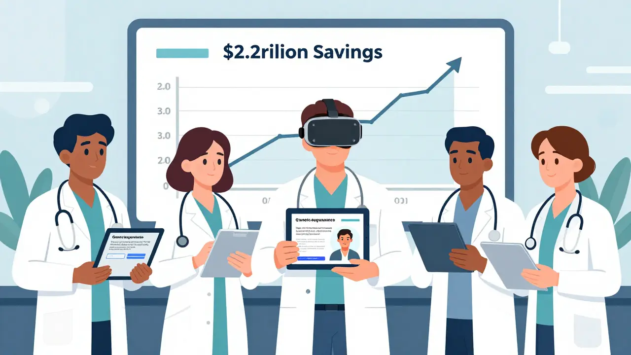 Healthcare team learns about generics through interactive tech and VR training in a conference room.
