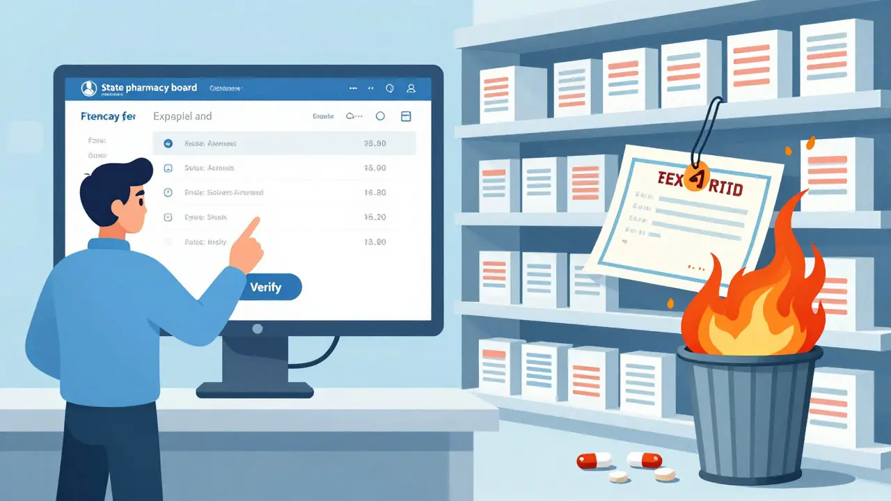 Hospital admin verifying license online while unlicensed worker's credentials burn in trash, contrasting trust and danger in color tones.