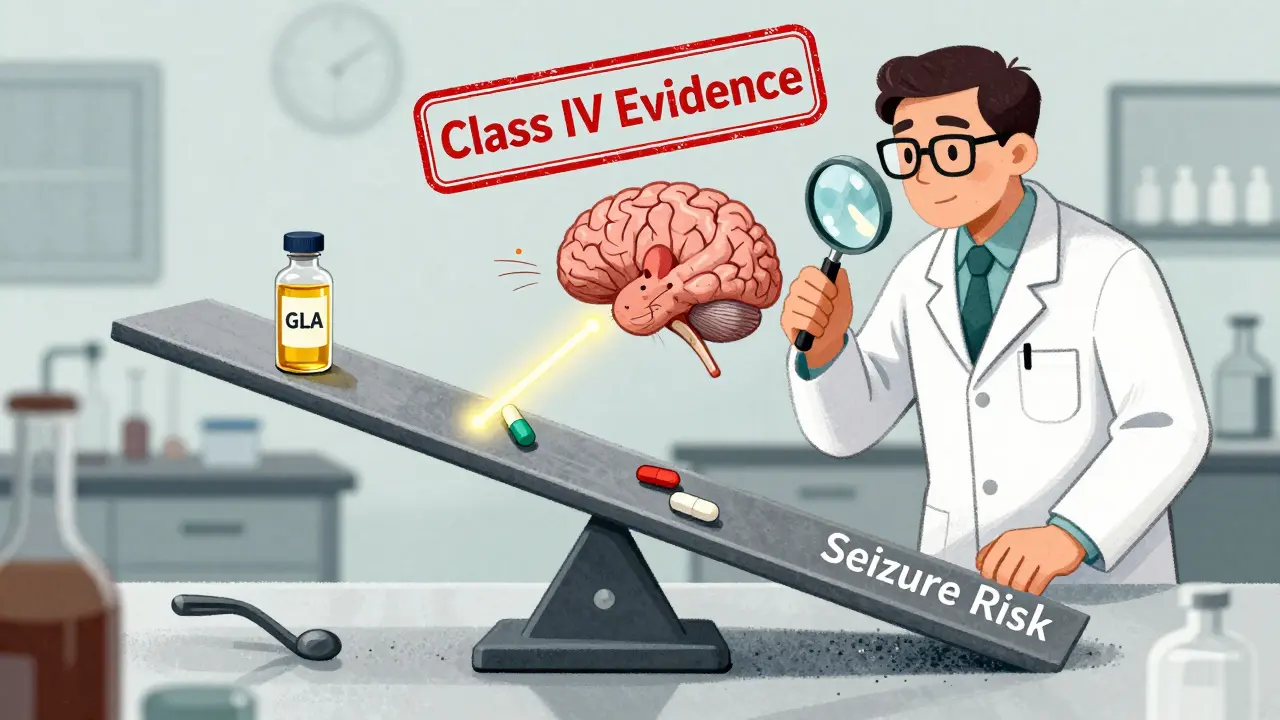 Lab scale tipping under antipsychotic weight vs. evening primrose oil, with rat brain study in background.