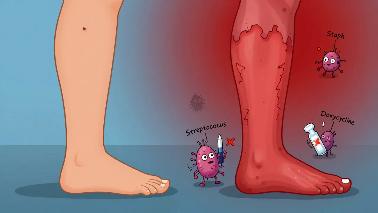 Leg turning red and swollen with bacteria holding broken penicillin and new antibiotic pill