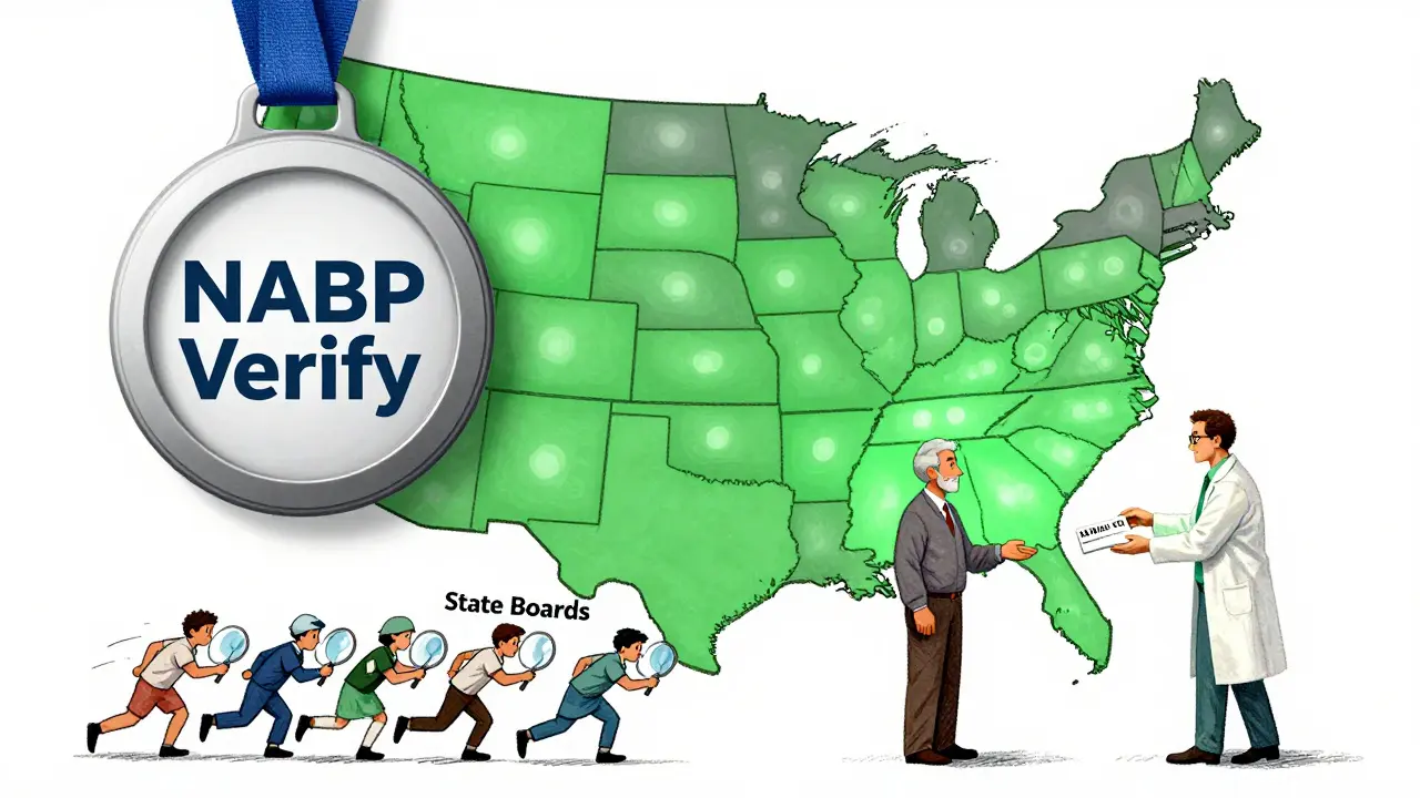 NABP Verify badge over U.S. map with glowing states, pharmacist safely dispensing to patient as unlicensed workers flee magnifying glasses.
