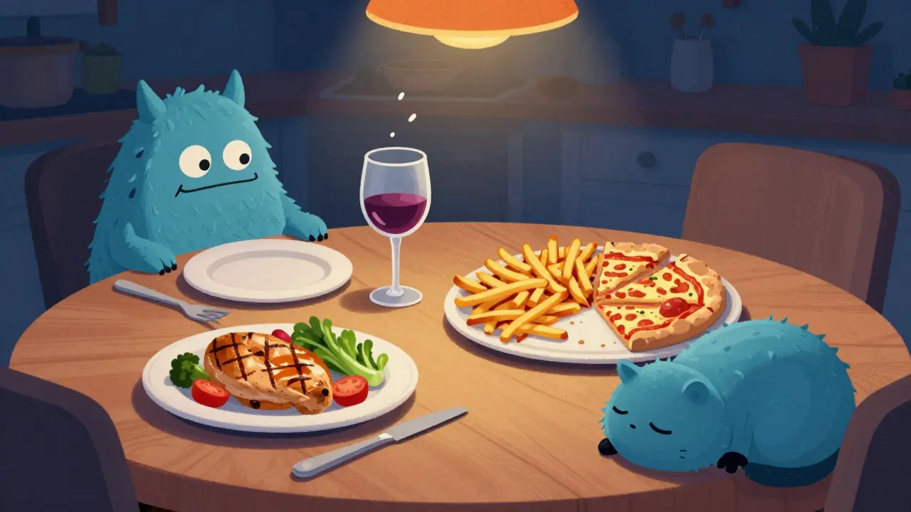 Nighttime table with healthy food on one side, junk food and wine on the other, hunger monster emerging from glass.