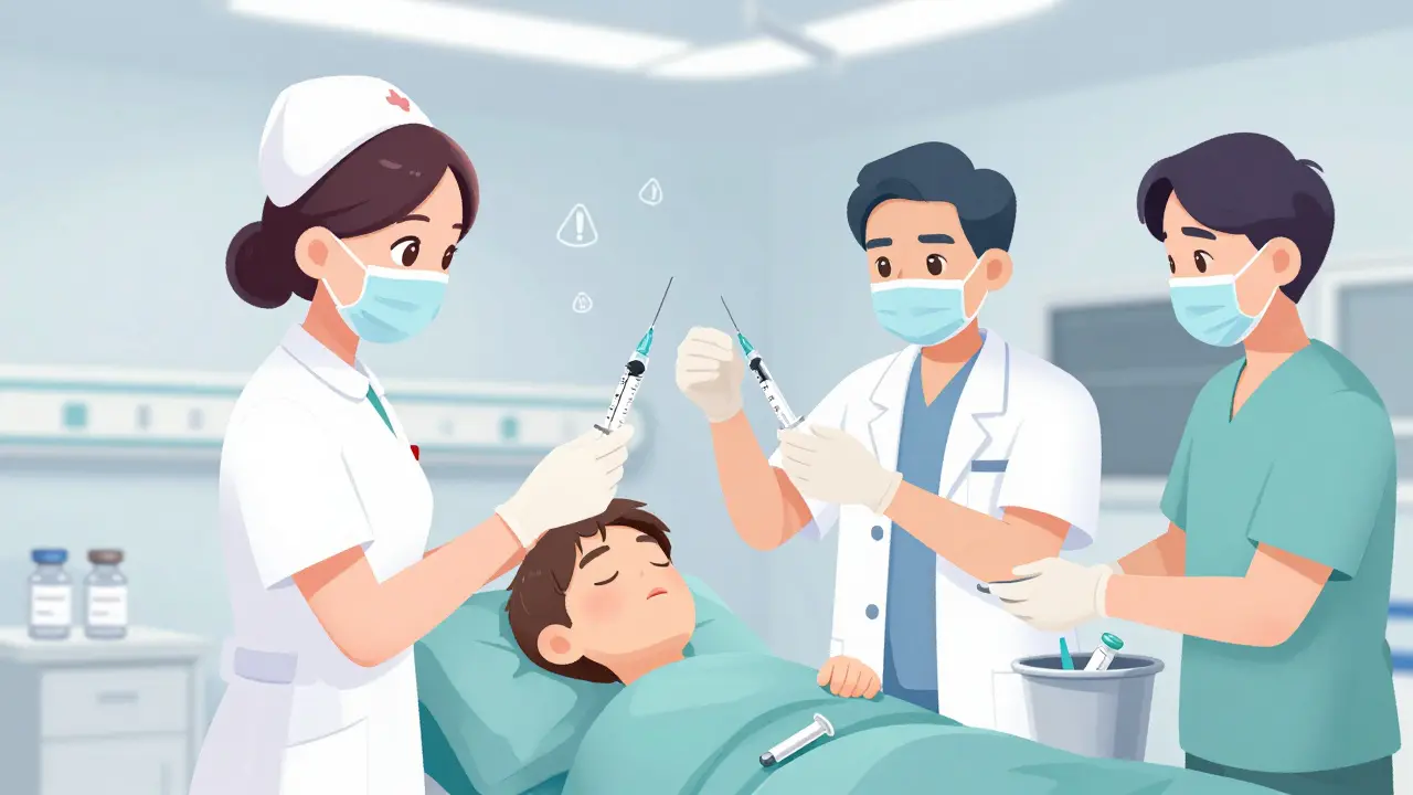 Nurses verifying labeled syringe before administering post-surgery medication in hospital.